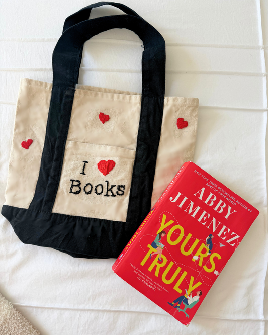 Hand Embroidered "I Love Books" Canvas Tote - Preorder